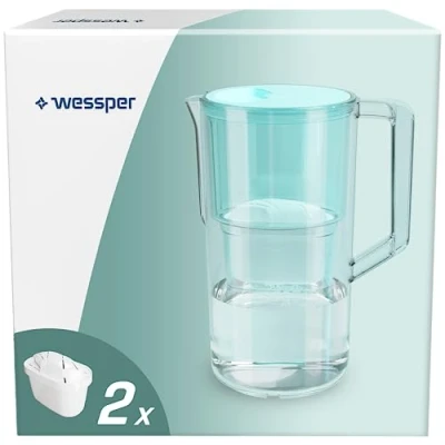 Immagine di Wessper Aqua Max Basic, set di caraffa per acqua e 2 filtri, compatibile con Brita Maxtra, sistema filtraggio dell&#039;acqua, riduzione del calcare, cloro, menta