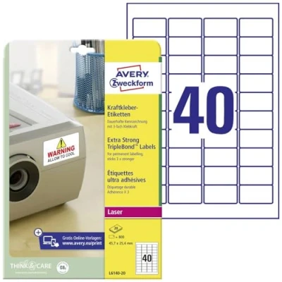 Immagine di Avery L6140 20 Set di Etichette per Identificare Cavi ElettriciBianco, 45.7 x 25.4, 800 Pezzi