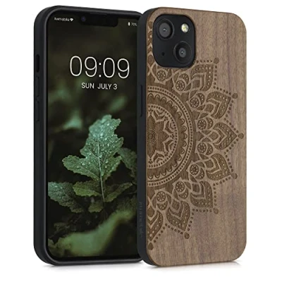 Immagine di kwmobile Custodia Compatibile con Apple iPhone 13 Cover Back Case in Legno Bumper Silicone TPU Sole marrone scuro