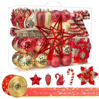 Immagine di Alupssuc 128 Pezzi Palline di Natale Ornamenti Set, Decorazioni per Albero Infrangibili Palline, Fiori Natale, Nastro, Puntale Festa Nozze con Ganci, Rosso &amp; Oro