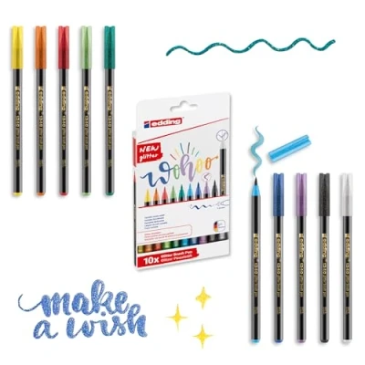 Immagine di edding 1340 penne glitterate, multicolore, 10 a pennello con effetto glitter intenso, punta da 1 6 mm, ideali per calligrafia, scrittura, disegno e colorazione di vaste aree