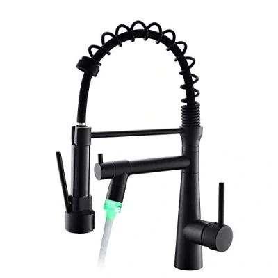 Immagine di TIMACO Rubinetto con LED da cucina, colore nero, orientabile a 360 molla spirale, doccetta estensibile, ad alta pressione, per cucina e lavelli