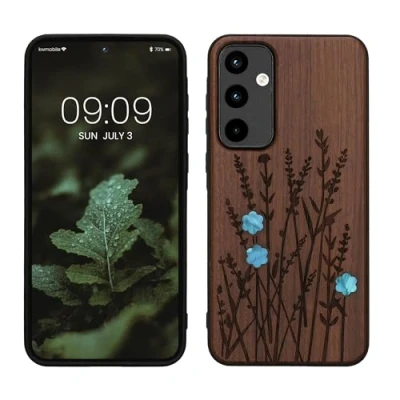 Immagine di kwmobile Custodia Compatibile con Samsung Galaxy A55 5G Cover Back Case in Legno Bumper Silicone TPU Lavanda Fiore Madreperla marrone scuro