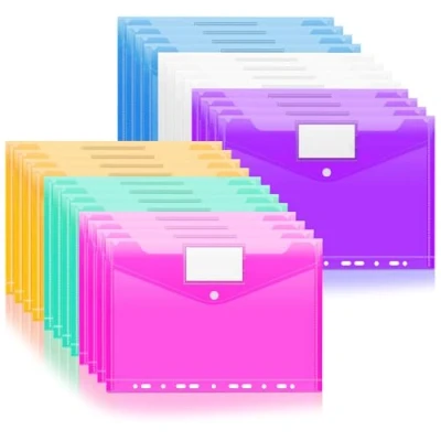 Immagine di Buste Portadocumenti A4, Mezzar 24 Pcs Trasparenti con Chiusura, Plastica Cartelline Porta Documenti Perforabile Bottoni ed Etichette per la Casa l&#039;Ufficio e Scuola(Colorato)