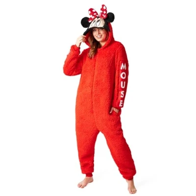 Immagine di Disney Pigiama Donna Intero Pigiamone Stitch in Pile con Zip e Cappuccio S 2XL Pigiami Interi Oversized per Ragazza (Rosso Minnie, XL)