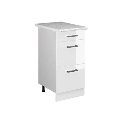 Immagine di Vicco mobiletto base per cucina R line, Bianco lucido/Bianco, 40 cm con cassetti PL Marmo