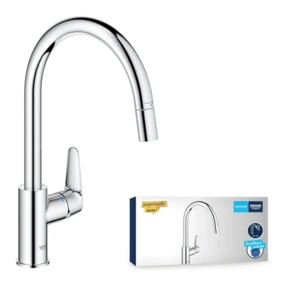 Immagine di GROHE Start Curve 305620000 Rubinetto da cucina con beccuccio alto rimovibile, forma C, girevole a 360, installazione QuickFix, limitatore di flusso ecologico, cromato
