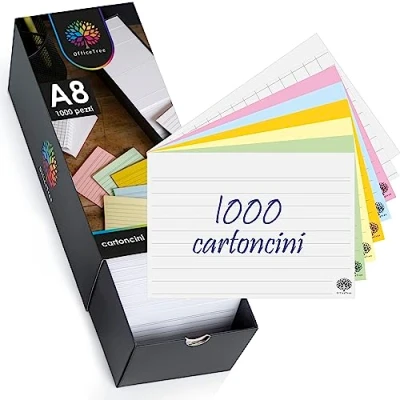 Immagine di OfficeTree Set di 1000 schede formato A8, a righe, quadri, Blanco e colorati, con scatola per carte credito, vocabolario, formule appunti in lingua inglese
