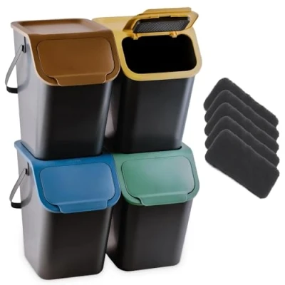 Immagine di Go Practic set di 4 pattumiere e filtri bio in fibra carbonio, impilabili, con coperchio a scatto, per raccolta differenziata, cucina, colori, 25 l ciascuna