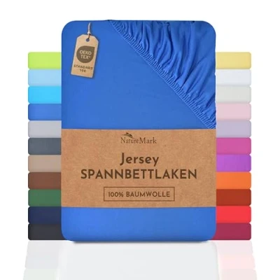 Immagine di &quot;NatureMark Lenzuolo con angoli elasticizzati in jersey, 100% cotone, molti colori e misure, conforme all’Oeko Tex Standard 100, 180 x 200 cm cm, Blu Reale &quot;