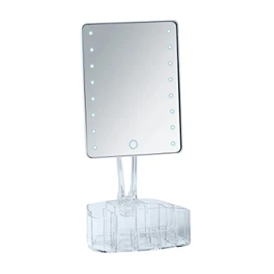 Immagine di WENKO Specchio cosmetico da appoggio Trenno LED con organizzatore, ruotabile ed orientabile in modo continuo, per trucco e rasatura, funzione touch regolare la luminosità, a batterie, 17x36x12,5cm