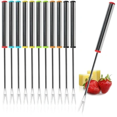 Immagine di COM FOUR® 12x forchette per fonduta in acciaio inossidabile posate lavabili lavastoviglie spiedini con manico e cappuccio colorato (12 pezzi colorati)