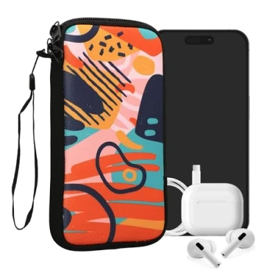 Immagine di kwmobile Custodia in neoprene con zip per smartphone XL 6,7/6,8&quot; Astuccio portacellulare a sacchetto cerniera Borsa verticale Motivo Colorato blu scuro/arancione/rosa antico