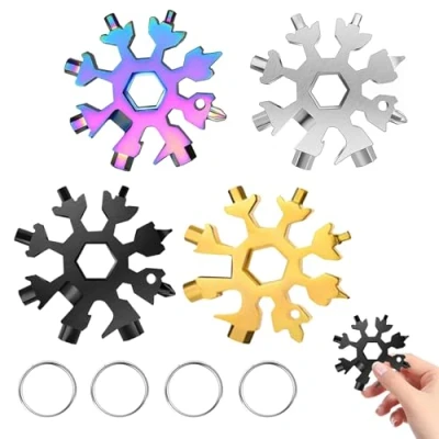 Immagine di 18 in 1 Multi Tool Snowflake, 4 pezzi Strumento Fiocco di Neve Acciaio Inossid Portachiavi Snowflake Multitool, Regali Natale per Uomo