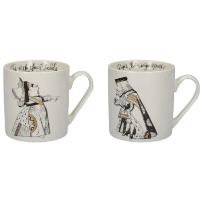 Immagine di V&amp;A C000047 Set di 2 tazze, a tema Alice nel paese delle meraviglie, in confezione regalo, grafica con il Re e la Regina Cuori, porcellana fine, 350 ml, colore bianco, nero oro