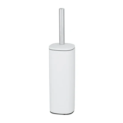 Immagine di WENKO Set WC Alassio, portascopino chiuso incluso, testina sostituibile Ø 8,5 cm di colore nero, in acciaio inox satinato resistente contro la ruggine, 9,3 x 39,2 cm, bianco opaco
