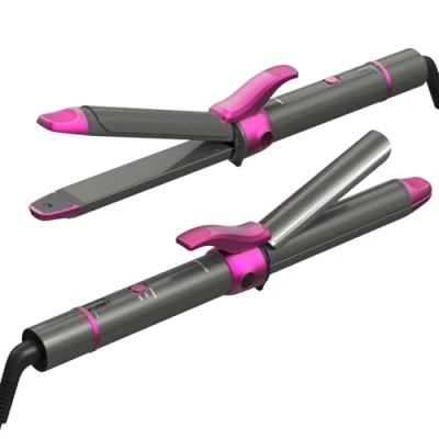 Immagine di Ferro arricciacapelli e piastra lisciante 2 in 1, rivestimento nano titanio, curler Iron con display LCD, 27 temperatura regolabile, 100 230 ℃ ricci levigatura Spazzola Phon (Grigio)