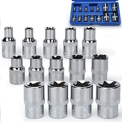Immagine di Noosverl Set di 14 chiavi a bussola femmina Torx Socket per dadi E utensili prese, 1/4&quot; 1/2&quot; 3/8&quot; Type Extractor (E4 E24)
