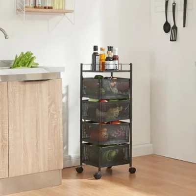 Immagine di [en.casa] Carrello da Stoccaggio Organizzatore con 4 Cestelli Girevoli e Piano Barra Anticaduta Mobile Multiuso in Acciaio a Rotelle per Cucina Ufficio Bagno Nero