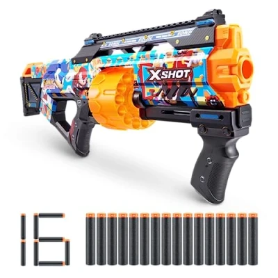 Immagine di X Shot Skins Last Stand Blaster Moderna Sonic Skin di ZURU The Hedgehog Design con 16 freccette, Slam Fire Action, tecnologia Air Pocket Dart, giocattolo in schiuma per bambini,