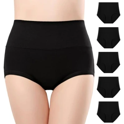 Immagine di Anntry Biancheria Intima da Donna Comfort in Cotone Slip a Vita Alta 5 Pezzi Controllo della Pancia Mutande con Mutandine Elasticizzate (Nero 1, L)