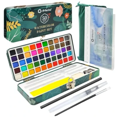 Immagine di Artecho, set di acquerelli, 50 colori, in scatola portatile, con 4 colori fluorescenti, da viaggio carta per pennelli e altri strumenti, idea artisti hobbisti