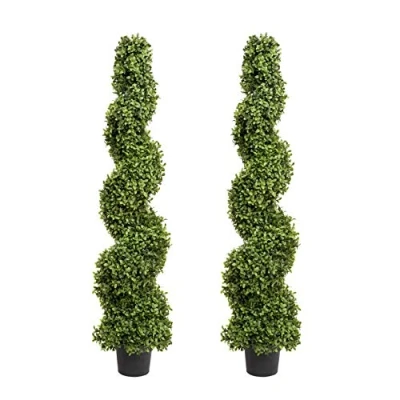 Immagine di GreenBrokers 2 alberi di bosso artificiale a spirale alta qualità, piante topiarie protette dai raggi UV, struttura in metallo resistente, perfetti per ingressi e decorazioni esterni, 120 cm