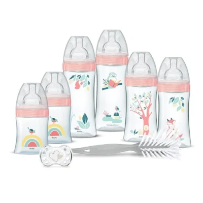 Immagine di DODIE Kit Naissance 6 biberon anticolico tettarelle piatte (2 x 150 mL; 2 270 330 mL), 1 ciuccio anatomico 0 mesi, spillo senza BPA rosa