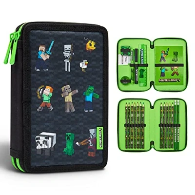 Immagine di Minecraft Astuccio Matite per Bambini con Scomparti Multipli, Include Accessori Scuola (Nero)