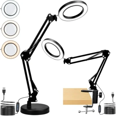 Immagine di Lampada con Lente di Ingrandimento da Scrivania Ingrandente LED 10X Base Extra Larga e Clip in Metallo Luce Cangiante Tre Colori Dimmerazione Dieci Velocità