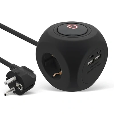Immagine di InLine Ciabatta 7 in 1 con USB, cubo di ricarica, 3 contatti protezione, 2 USB C, A, interruttore, cavo da m, presa multipla, tavolo, 3680 W, nero, 16499B