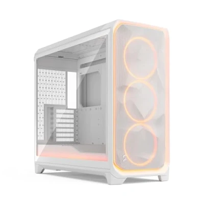 Immagine di Fractal Design Meshify 3 XL Ambience Pro RGB White Tempered Glass Clear Tint High Airflow PC Gaming Case Mesh Front Panel Adjust Hub and Three ARGB Momentum 14 Fans Included