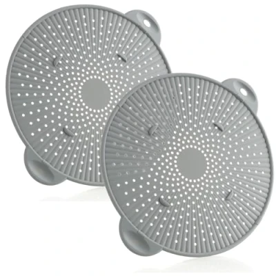 Immagine di COM FOUR® 2x coperchi paraspruzzi in silicone per pentole e padelle contro macchie di olio, grasso schizzi con manici (02 pezzi Ø 28,5 cm grigio)