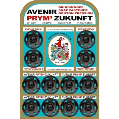 Immagine di Prym 21mm Sew On Snaps, 12 Sets, Black Zukunft Bottoni a Pressione da Cucire, in Ottone, 21 mm, Colore: Nero