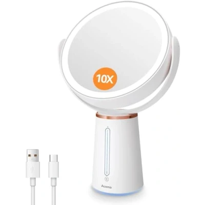 Immagine di Auxmir Specchio Trucco con Luci, Ingranditore 1X/10X a Doppia Faccia, Luminosità Regolabile 10 Livelli, Rotazione 360, cosmetico da Davolo, Batteria Ricaricabile