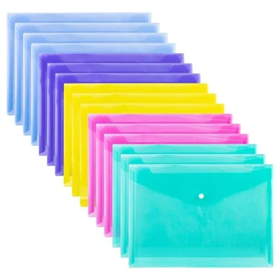 Immagine di Amazon Basics Busta per lettere, in polipropilene, con bottone scatto, formato A4, Assortiti, confezione da 16