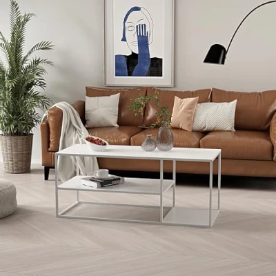 Immagine di [en.casa] Tavolino Basso da Soggiorno 120 x 50 cm Rettangolare in Accaio a 3 Piani di Appoggio caffè Bianco Opaco