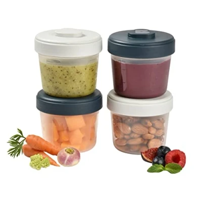 Immagine di BÉABA , Set di 4 Vasetti per la Pappa Clip Contenitori alimenti impilabili e agganciabili 100% Ermetici Area Scrivere Congelatore Conservano il Latte Materno 4x150ml Grigio/Blu