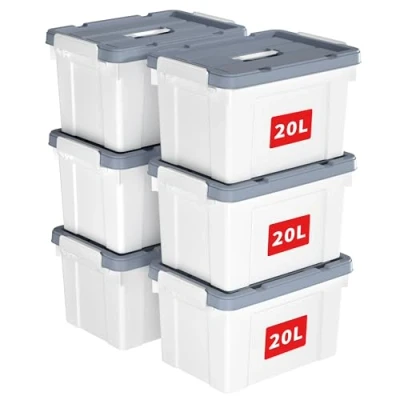 Immagine di Cetomo Scatola portaoggetti in plastica da 20 l x 6, contenitore organizer con coperchio durevole e fibbie di chiusura sicura, impilabile annidabile, confezione 6 pezzi, bianco