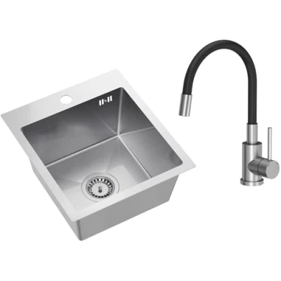 Immagine di VBChome Lavello da incasso in acciaio inox con rubinetto, 40 x 45 cm, spazzolato, foro per inox, beccuccio flessibile