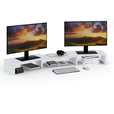 Immagine di ComfortCove supporto per doppio monitor organizzatore scrivania laptop computer 3 ripiani a lunghezza regolabile Bianco