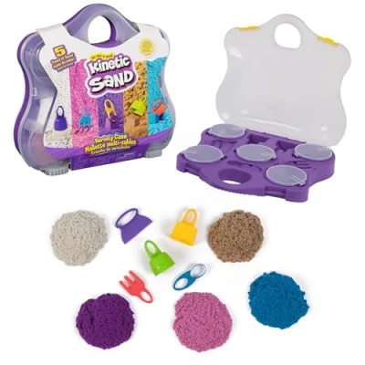 Immagine di Kinetic Sand, Valigetta con sabbia da gioco spiaggia, neon e luccicante (0,9 kg) 5 strumenti, riutilizzabile, giocattoli sensoriali per bambini dai 3 anni in su