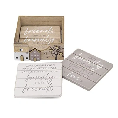 Immagine di Set di 4 sottobicchieri in legno con scritta &quot;Family Friends&quot;, supporto per tazze, tovagliette, sottobicchiere