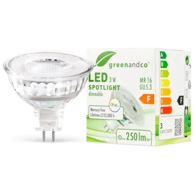 Immagine di greenandco Faretto a LED IRC 90+ dimmerabile MR16 GU5.3, 3W 250lm 2700K (bianco caldo) 38 12V AC/DC