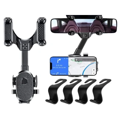 Immagine di Anlising Porta Cellulare Specchietto Retrovisore, Supporto per Telefono da Auto, Girevole e Retrattile Portacellulare con 4PCS Ganci Portaoggetti Tutti i Telefoni Cellulari