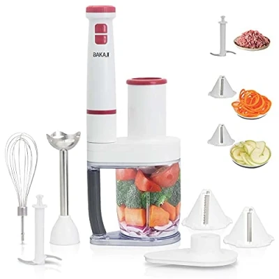 Immagine di BAKAJI Frullatore a Immersione 4in1 con Accessori Frusta, Tritatutto, lame acciaio, Miniprimer accessori, Mixer Sbattitore taglia verdure elettrico manico Ergonomico (4 in 1 (600 W)