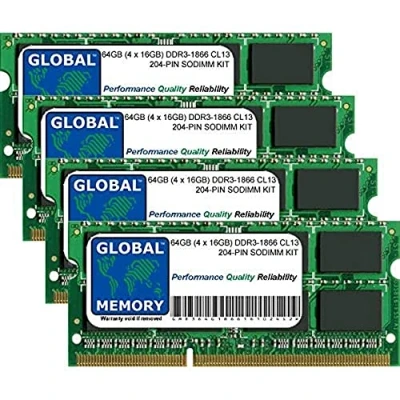 Immagine di GLOBAL MEMORY Kit di Memoria RAM SODIMM da 64 GB (4 x 16 GB) DDR3 1866 MHz PC3 14900 204 PIN per Intel iMac 27&quot; Retina 5K (fine 2015)
