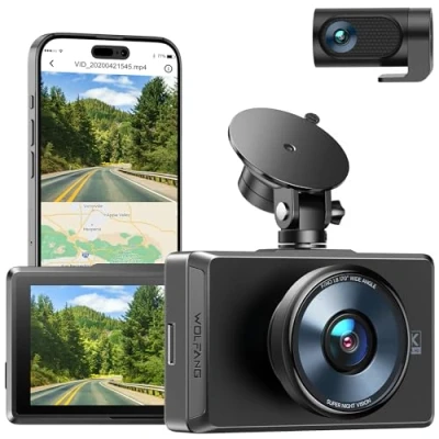 Immagine di WOLFANG Doppia Dashcam, Dash Cam Auto 4K Full HD WiFi Telecamera con Pantalla Táctil IPS da 3&quot;, 24H Monitor di Parcheggio, Visione Notturna,WDR, G Sensor,Registrazione in Loop, Max 256G