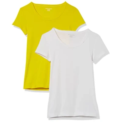 Immagine di Amazon Essentials T Shirt Aderente con Maniche Ad Aletta e Scollo Ampio Donna, Pacco da 2, Bianco/Giallo Limone, M