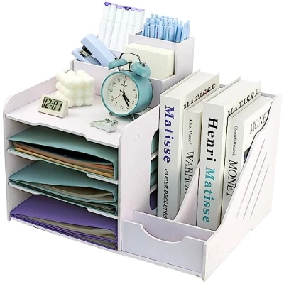Immagine di 7 compartimento A4 Organizer Scrivania Ufficio Lmpilabile con Portapenne, Porta Documenti Legno Pastico, Portadocumenti Bianco, Orizzontale Portaoggetti Vassoio Per Scuola Studio